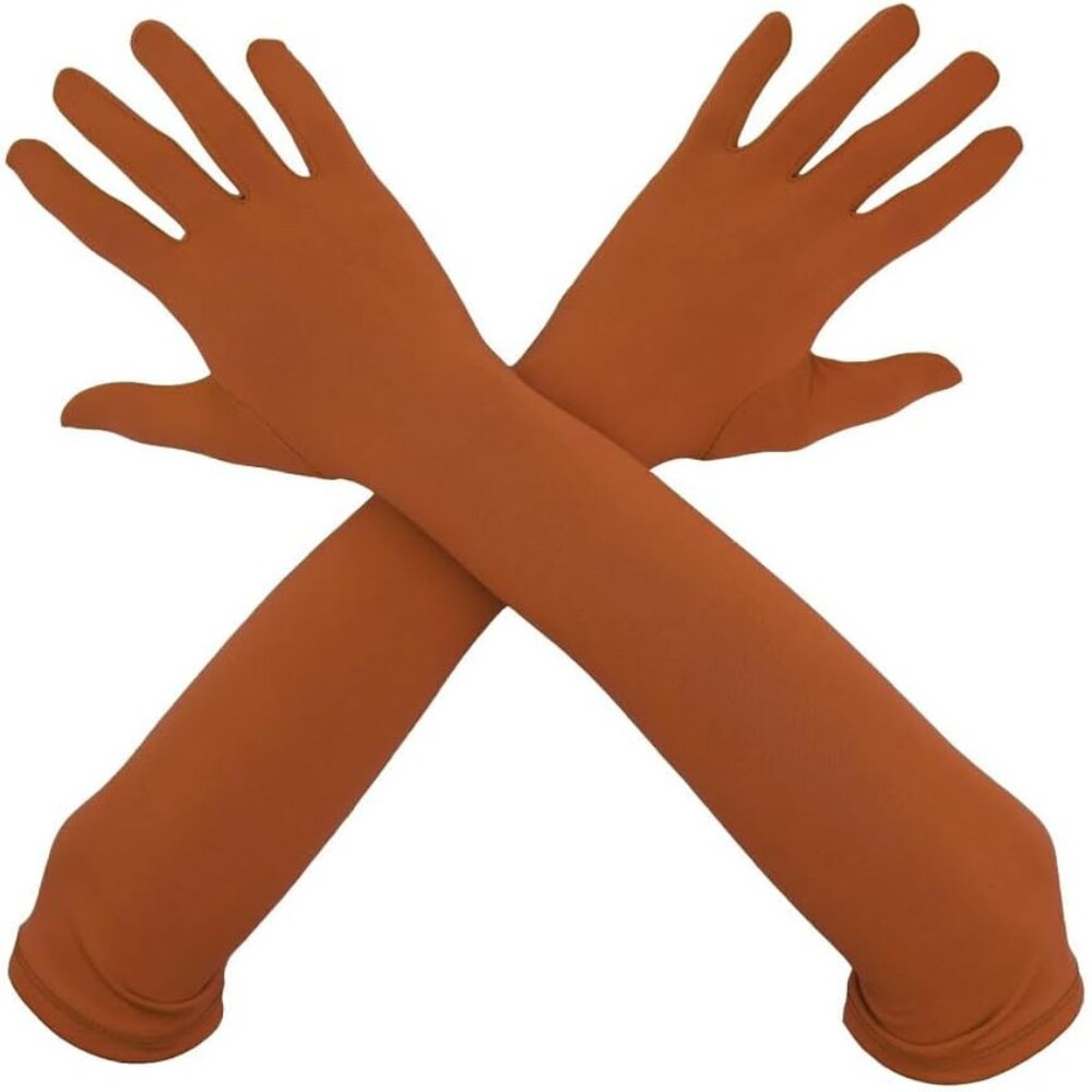 Women's Elbow Length Full Finger Satin Brown Gloves Stretchy Party Costume